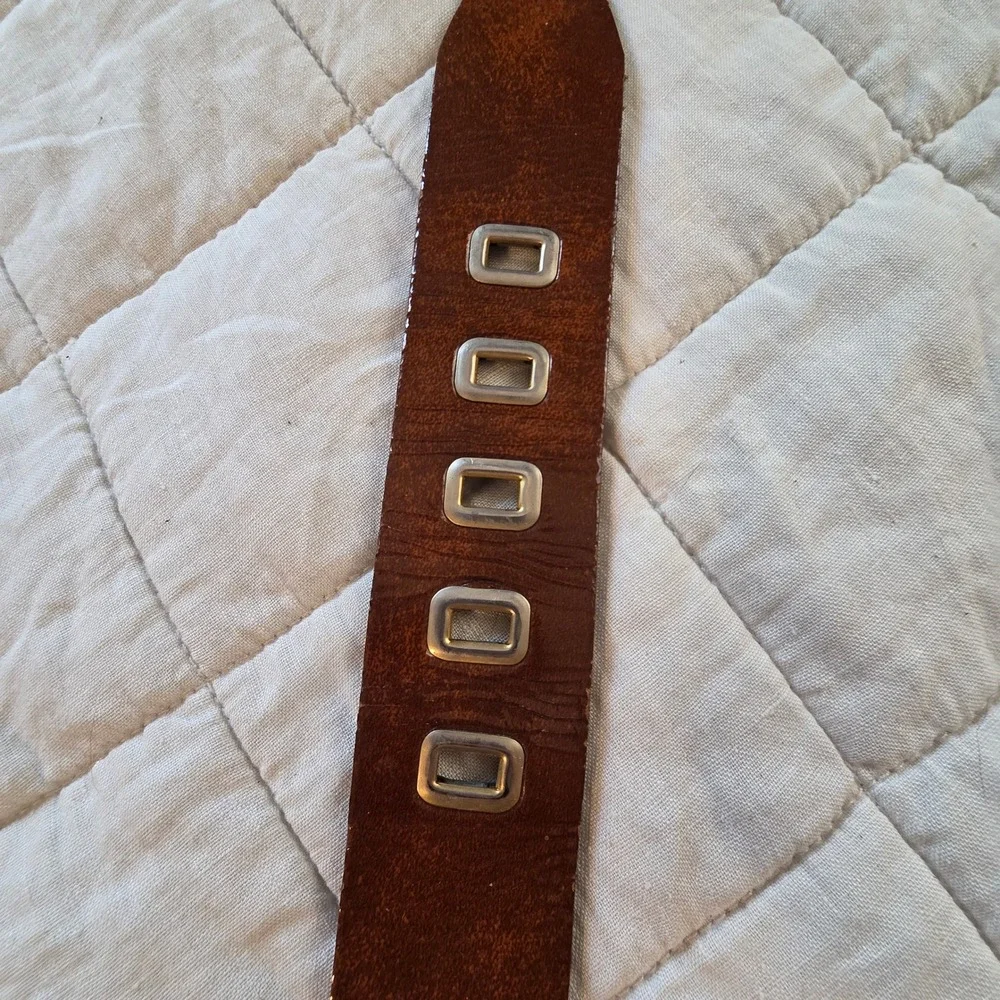 Patent Leather Belt Mens 38 Brown Rectangle Grommet Made in USA Workwear